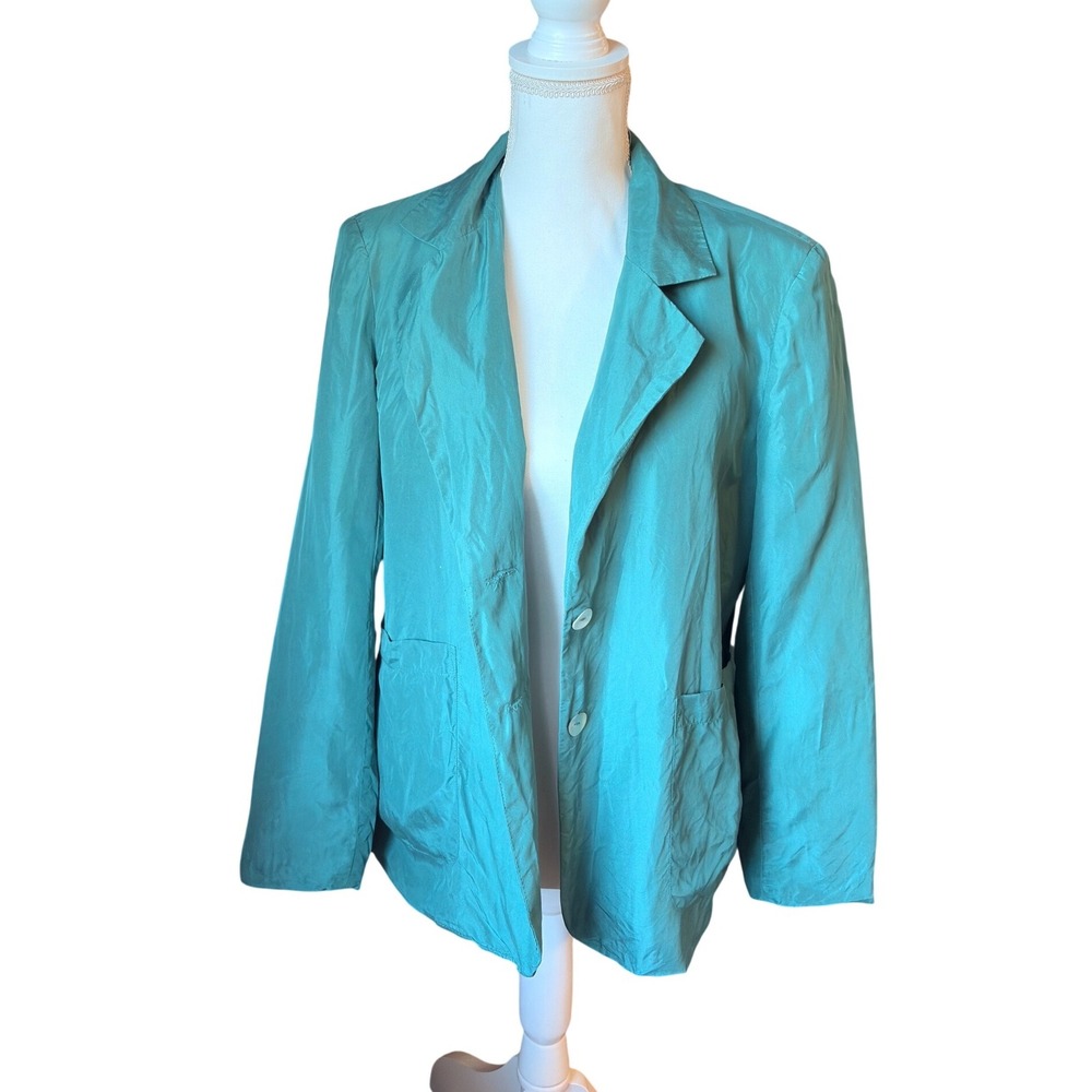 WinterSilks 100% Silk Teal Blazer Lightweight Button Front Minimalist Women's PL